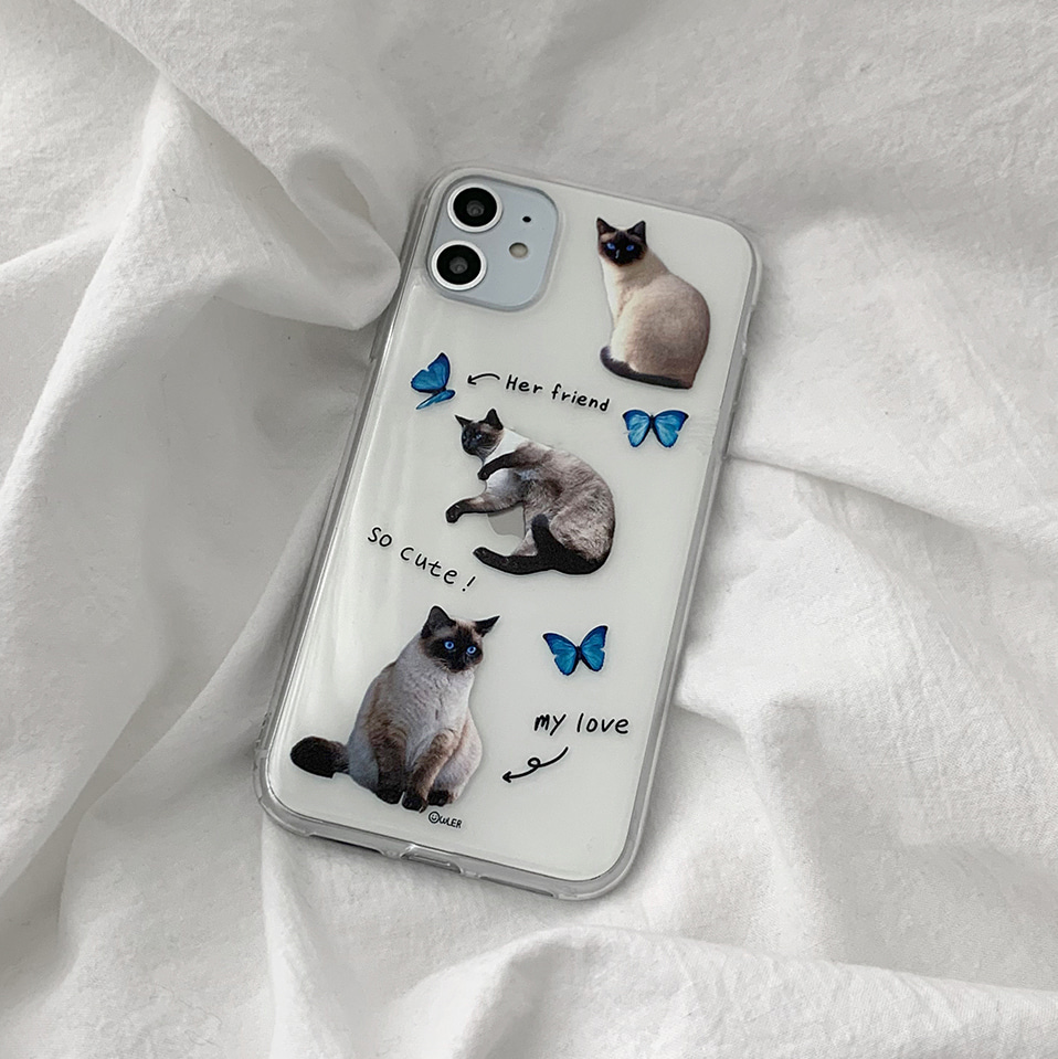 [아이폰13입고] 고양이랑 블루 나비 투명 젤리 아이폰케이스