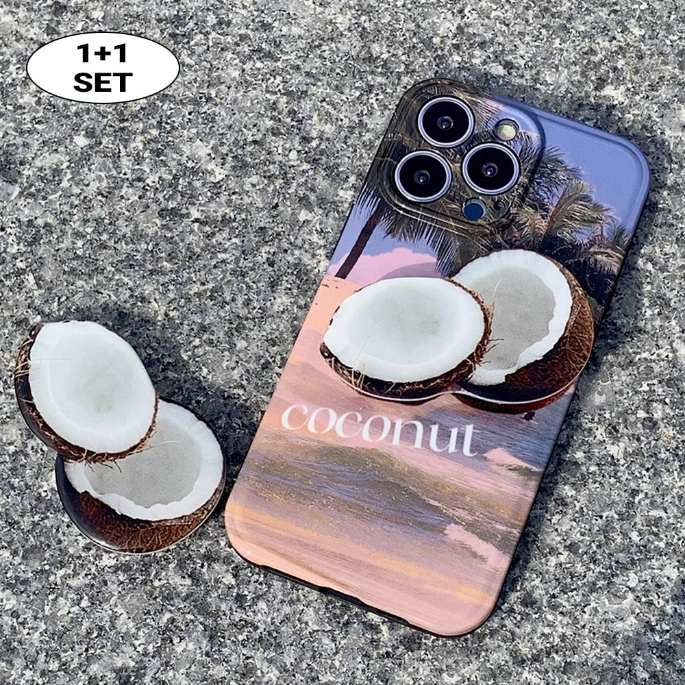 [1+1그립톡세트] 하와이 핑크 썬셋 코코넛 실물 그립톡 세트 아이폰 케이스