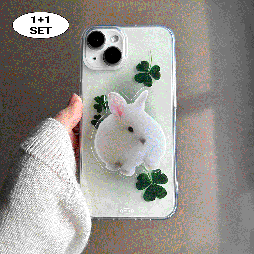 [당일출고/MADE] 흰 토끼 톡세트 핑크그린 그라데이션 네잎클로버 아이폰케이스