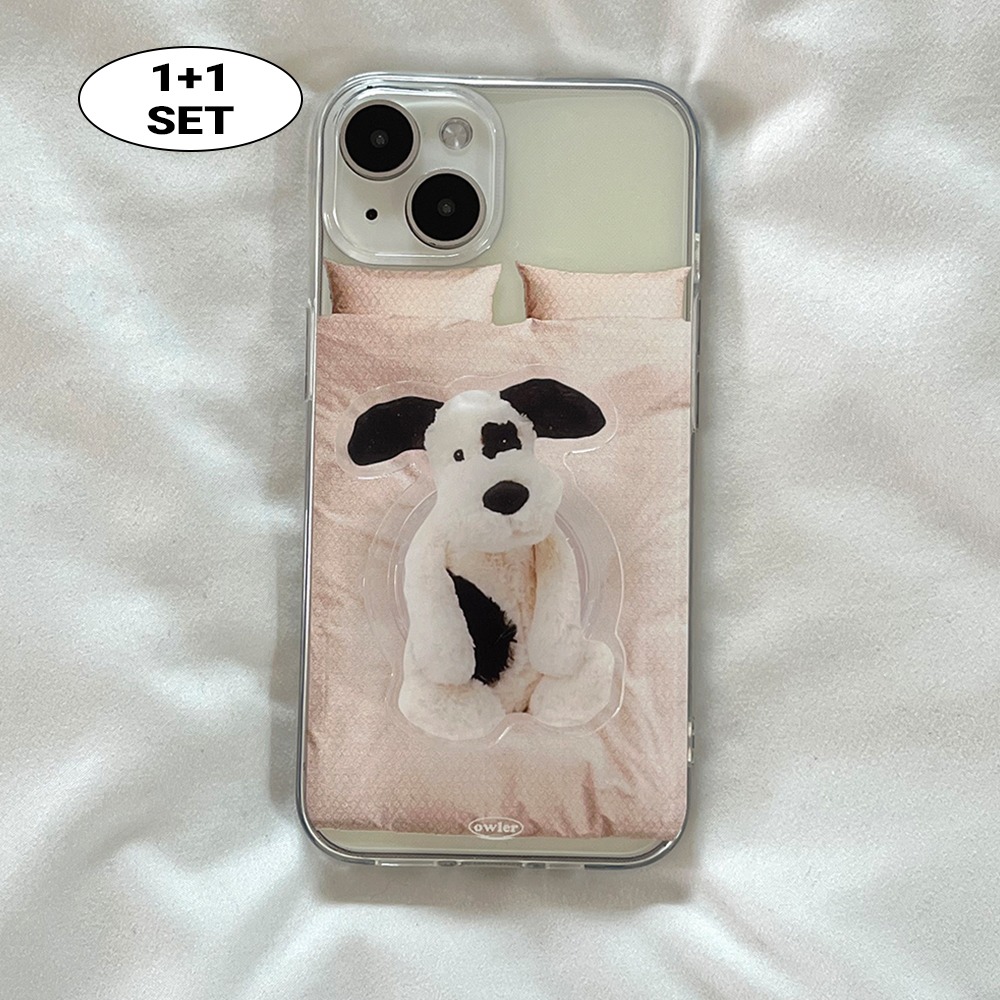 [아이폰15입고/당일출고/MADE] 얼룩이 강아지 인형 스마트톡 세트 핑크 침대 아이폰케이스