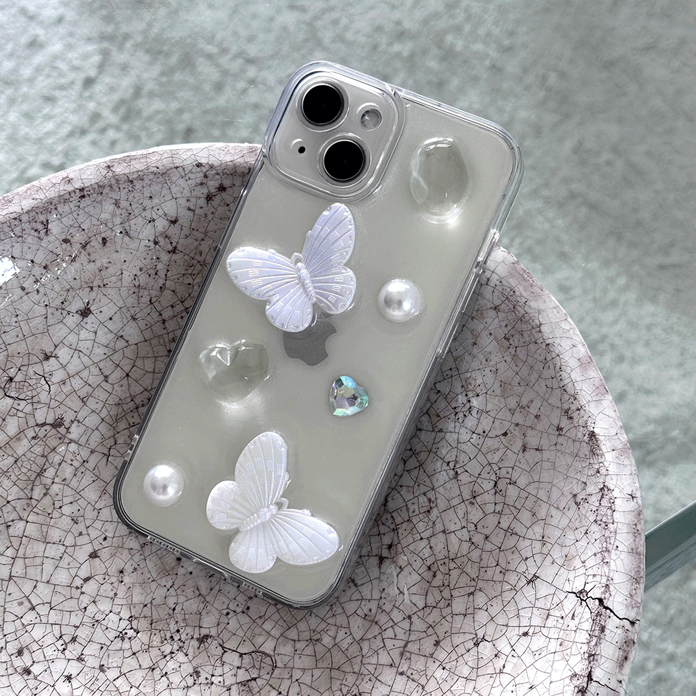 [당일출고] 흰나비 진주 레진 입체 투명 젤리 하드 아이폰케이스