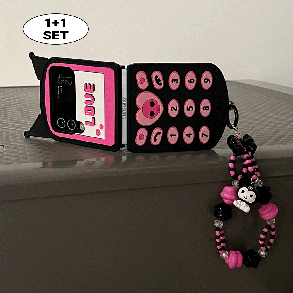 [당일출고] 블랙 핑크 캐릭터 키링세트 전화기 갤럭시 Z플립 실리콘 케이스