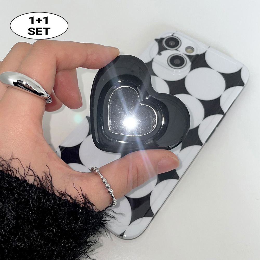 [1+1그립톡세트] 블랙 도트 하트 거울 미러 그립톡 세트 아이폰 케이스