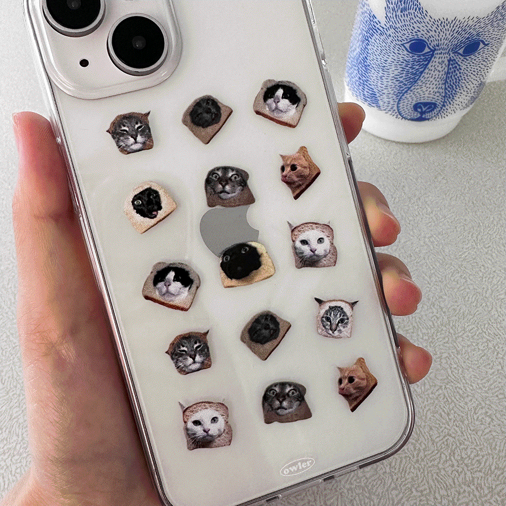[아이폰15입고/당일출고/MADE] 식빵 고양이 패턴 큐티 투명 아이폰케이스